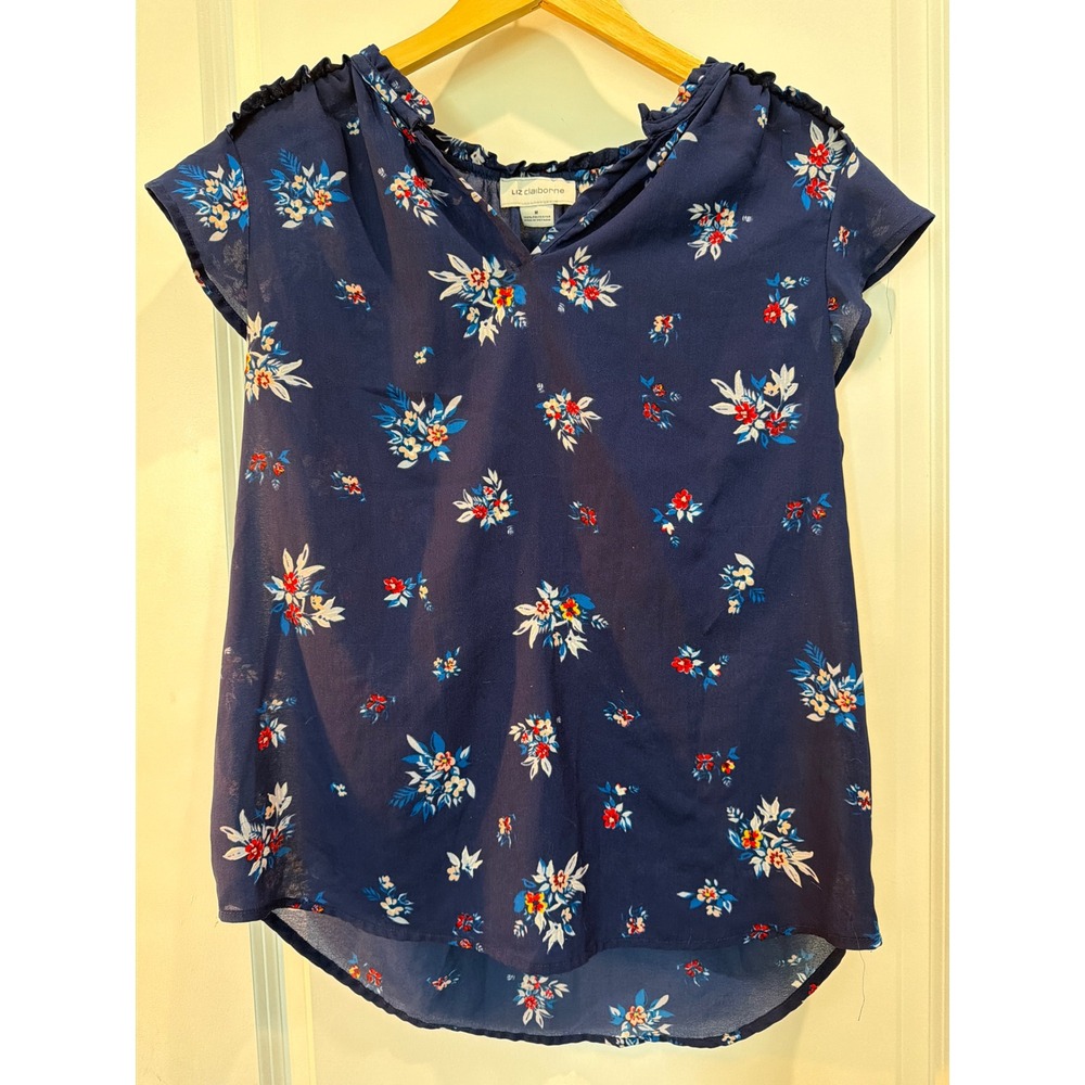 Liz Claiborne Navy Blue Floral Ruffle Shoulder V-Neck Blouse Medium RN 93677
